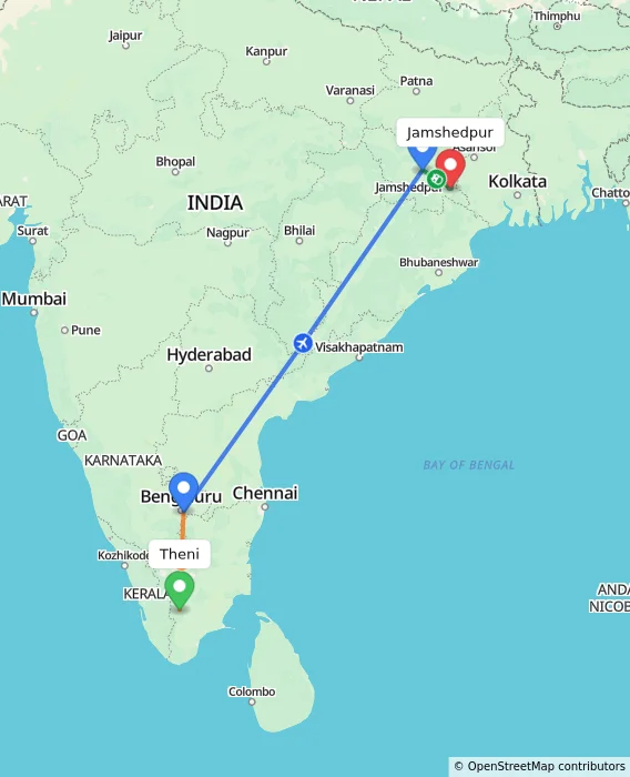Route map showing distance and travel time from Theni, India to Jamshedpur, India