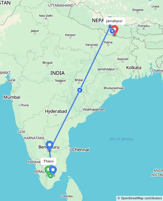 Route map showing distance and travel time from Theni, India to Janakpur, Nepal