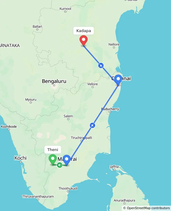 Route map showing distance and travel time from Theni, India to Kadapa, India