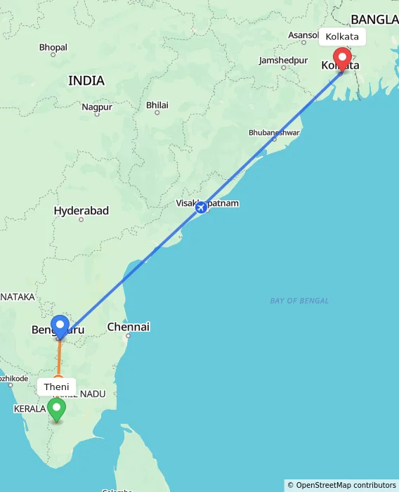 Route map showing distance and travel time from Theni, India to Kolkata, India