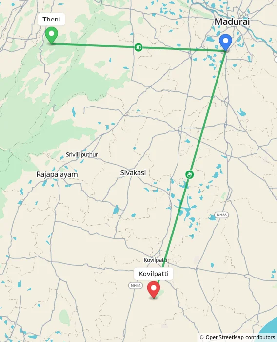 Route map showing distance and travel time from Theni, India to Kovilpatti, India