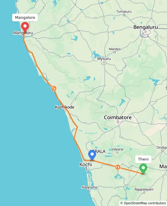Route map showing distance and travel time from Theni, India to Mangalore, India