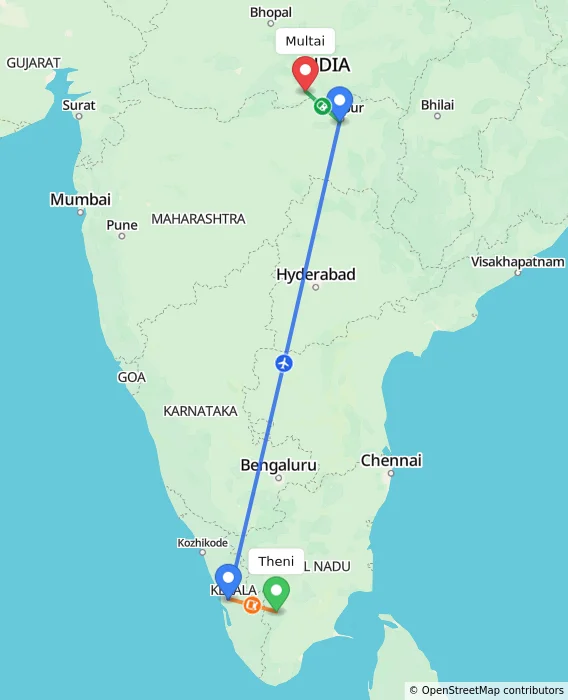 Route map showing distance and travel time from Theni, India to Multai, India