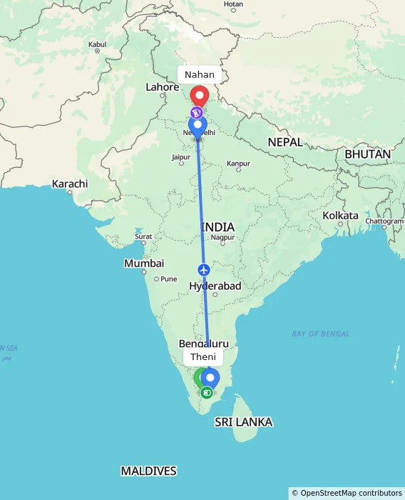 Route map showing distance and travel time from Theni, India to Nahan, India