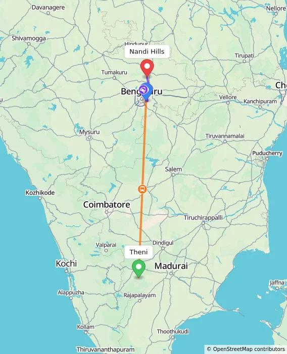 Route map showing distance and travel time from Theni, India to Nandi Hills, India