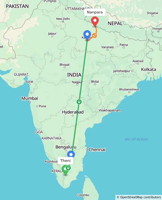 Route map showing distance and travel time from Theni, India to Nanpara, India