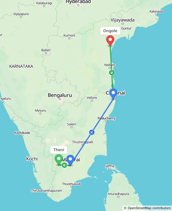 Route map showing distance and travel time from Theni, India to Ongole, India
