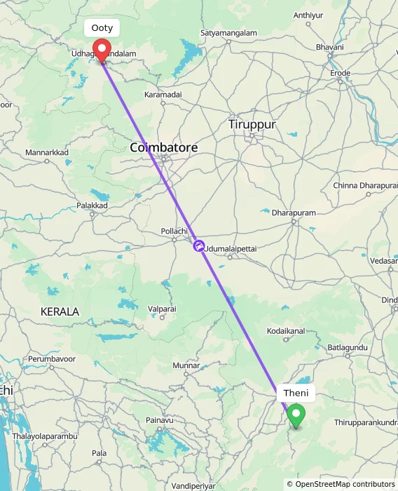 Route map showing distance and travel time from Theni, India to Ooty, India
