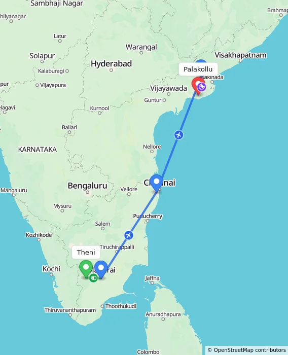 Route map showing distance and travel time from Theni, India to Palakollu, India