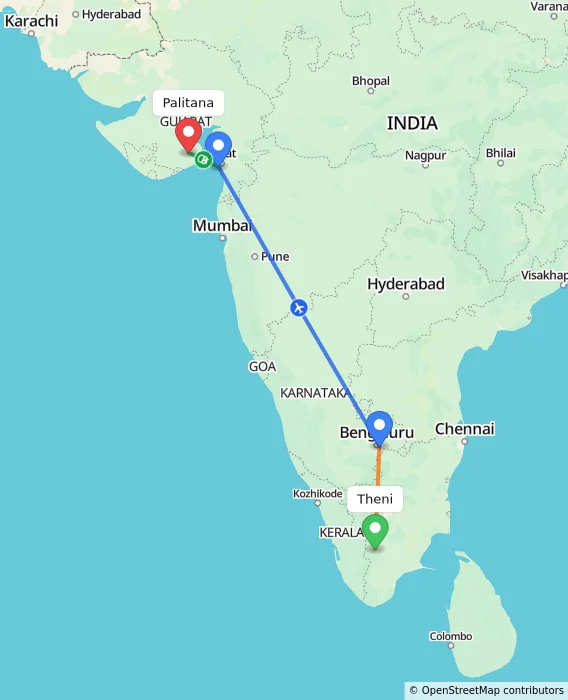 Route map showing distance and travel time from Theni, India to Palitana, India