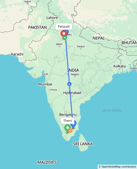 Route map showing distance and travel time from Theni, India to Pataudi, India