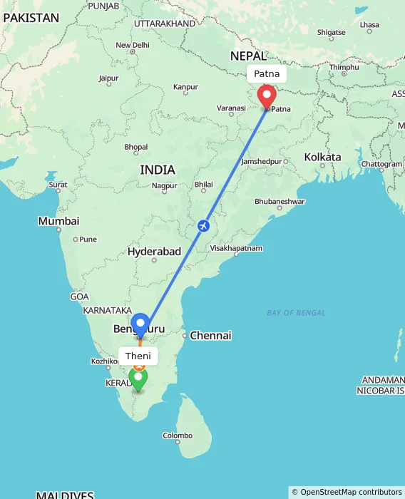 Route map showing distance and travel time from Theni, India to Patna, India