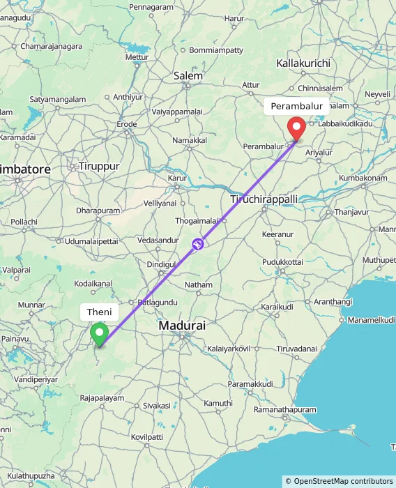 Route map showing distance and travel time from Theni, India to Perambalur, India