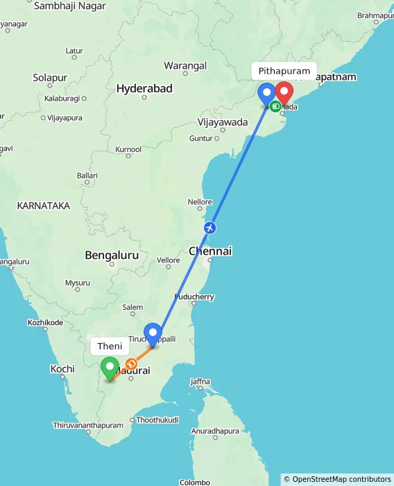 Route map showing distance and travel time from Theni, India to Pithapuram, India