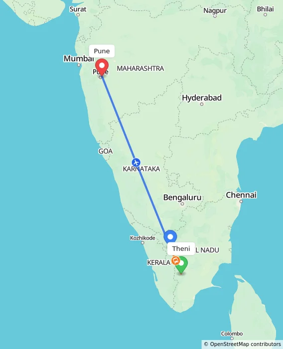 Route map showing distance and travel time from Theni, India to Pune, India
