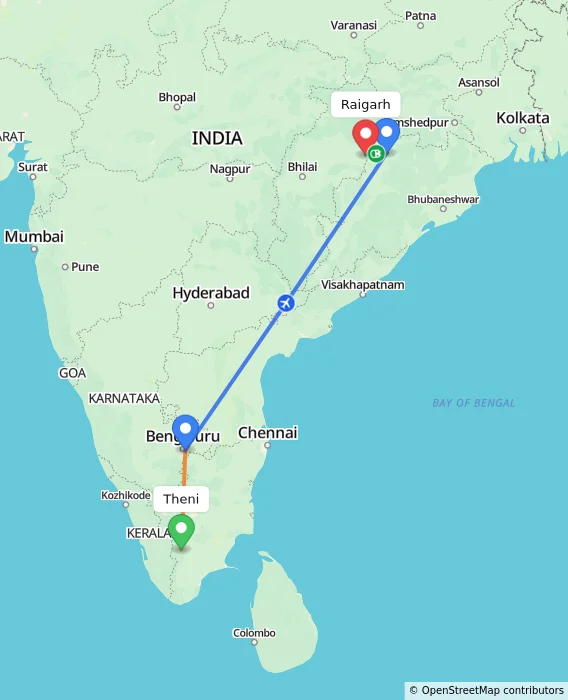 Route map showing distance and travel time from Theni, India to Raigarh, India