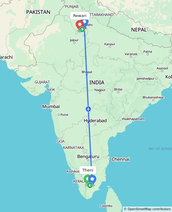 Route map showing distance and travel time from Theni, India to Rewari, India