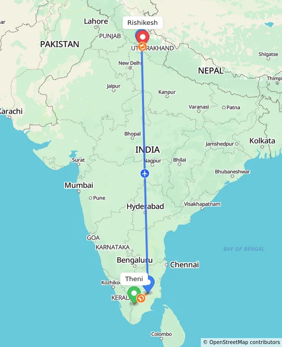 Route map showing distance and travel time from Theni, India to Rishikesh, India