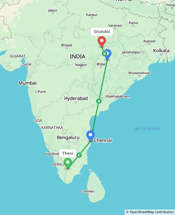 Route map showing distance and travel time from Theni, India to Shahdol, India