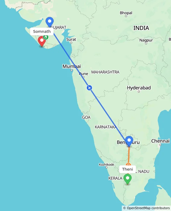 Route map showing distance and travel time from Theni, India to Somnath, India