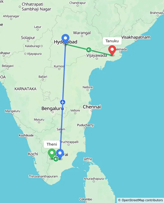 Route map showing distance and travel time from Theni, India to Tanuku, India