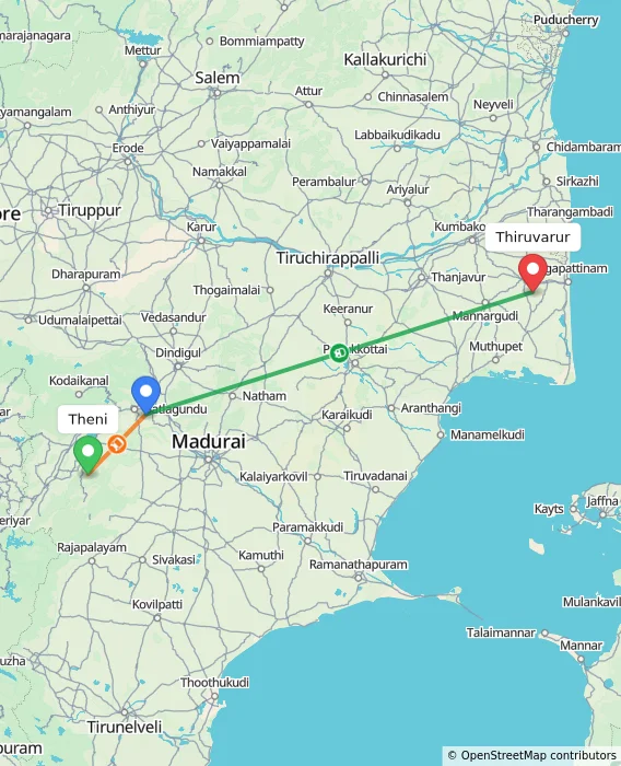 Route map showing distance and travel time from Theni, India to Thiruvarur, India