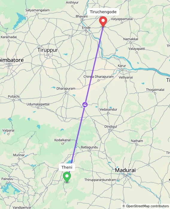 Route map showing distance and travel time from Theni, India to Tiruchengode, India