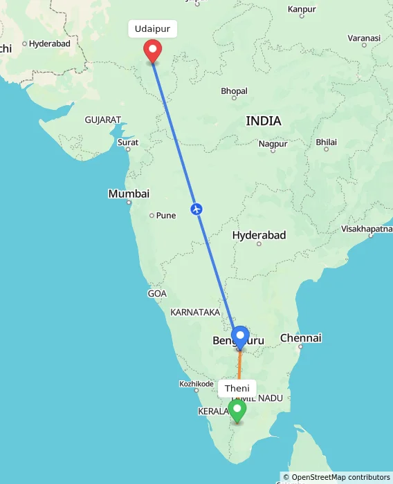 Route map showing distance and travel time from Theni, India to Udaipur, India
