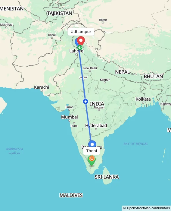 Route map showing distance and travel time from Theni, India to Udhampur, India