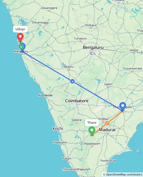 Route map showing distance and travel time from Theni, India to Udupi, India