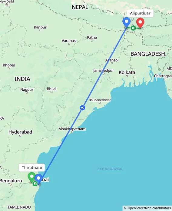 Route map showing distance and travel time from Thiruthani, India to Alipurduar, India