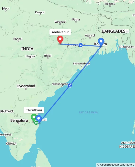 Route map showing distance and travel time from Thiruthani, India to Ambikapur, India