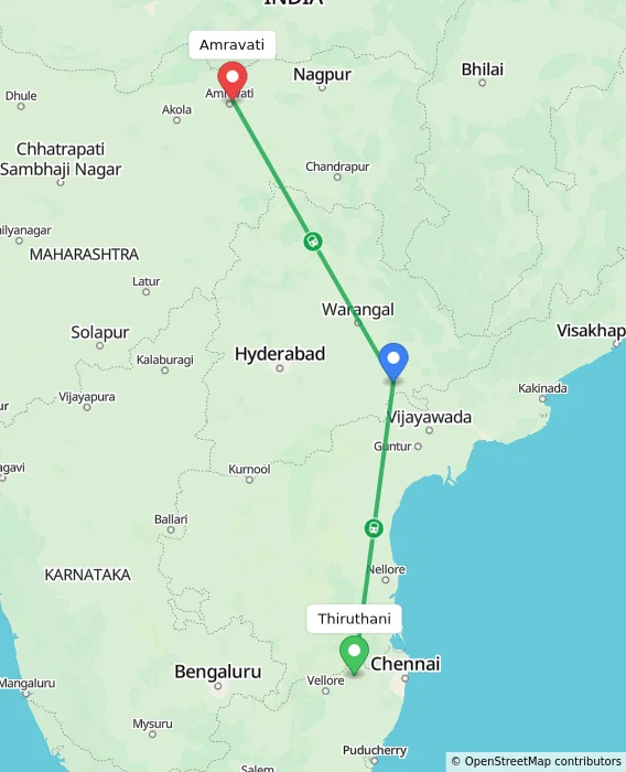 Route map showing distance and travel time from Thiruthani, India to Amravati, India