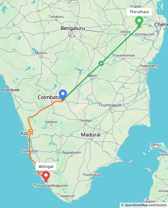Route map showing distance and travel time from Thiruthani, India to Attingal, India
