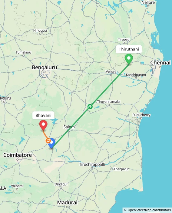Route map showing distance and travel time from Thiruthani, India to Bhavani, India