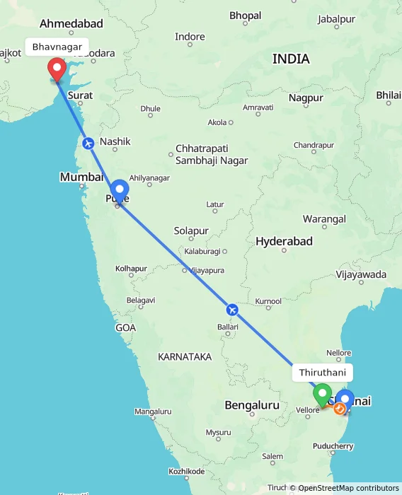 Route map showing distance and travel time from Thiruthani, India to Bhavnagar, India
