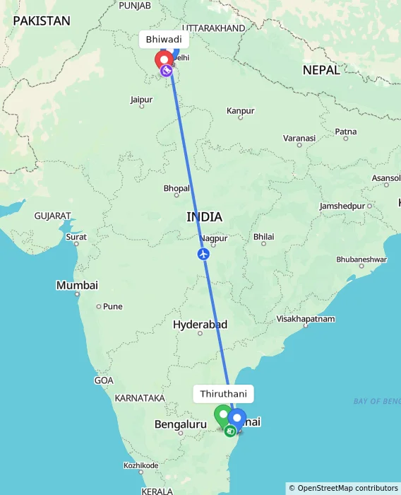 Route map showing distance and travel time from Thiruthani, India to Bhiwadi, India