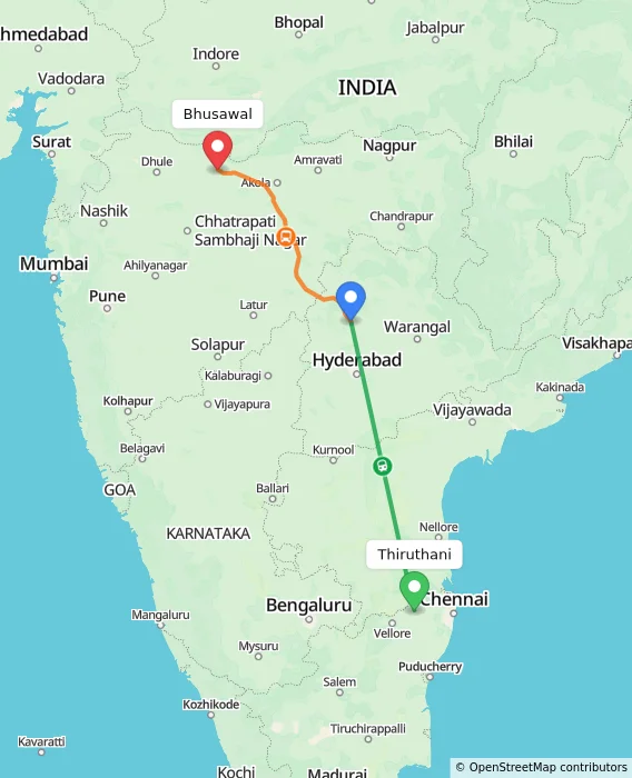 Route map showing distance and travel time from Thiruthani, India to Bhusawal, India