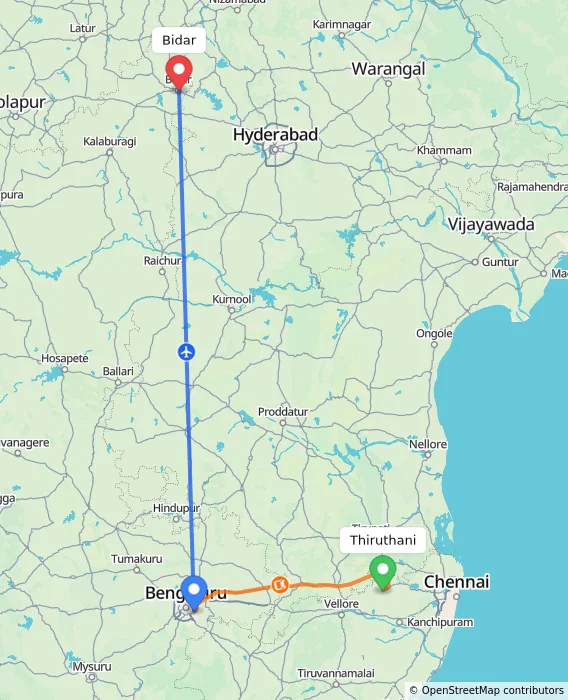 Route map showing distance and travel time from Thiruthani, India to Bidar, India