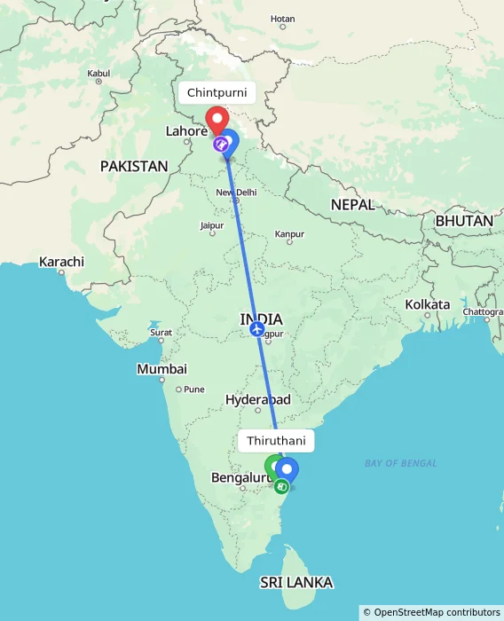 Route map showing distance and travel time from Thiruthani, India to Chintpurni, India