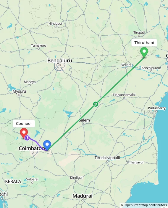 Route map showing distance and travel time from Thiruthani, India to Coonoor, India