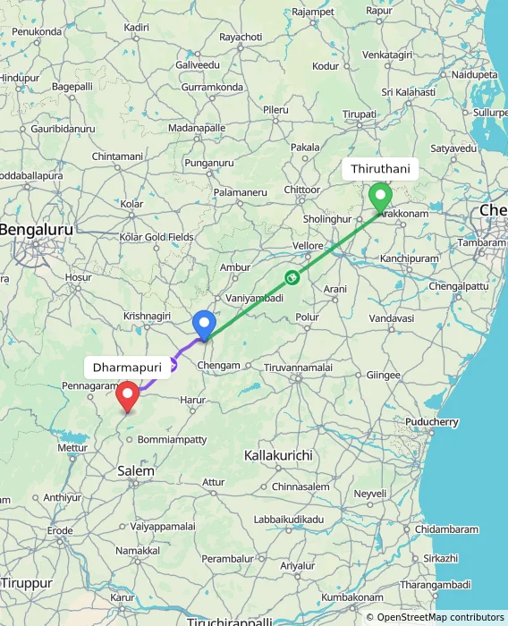 Route map showing distance and travel time from Thiruthani, India to Dharmapuri, India