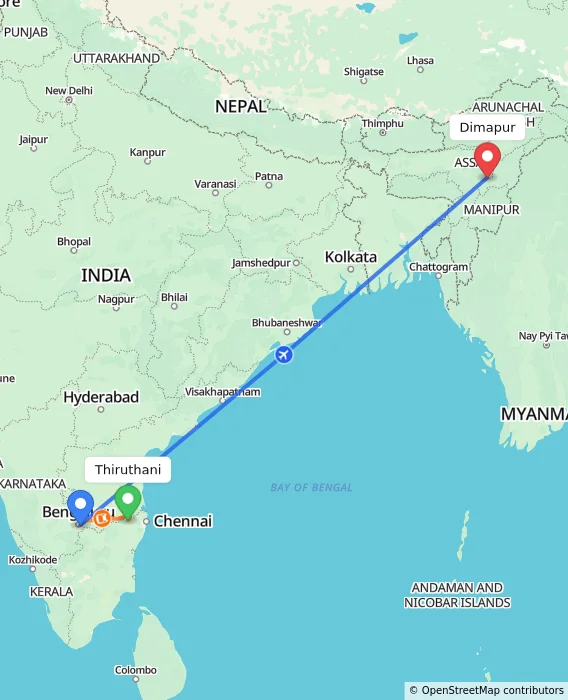 Route map showing distance and travel time from Thiruthani, India to Dimapur, India