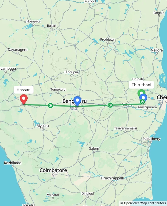 Route map showing distance and travel time from Thiruthani, India to Hassan, India