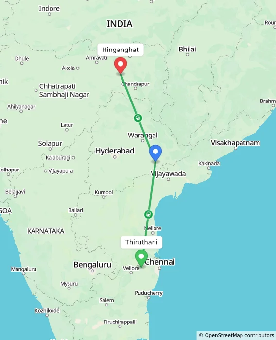 Route map showing distance and travel time from Thiruthani, India to Hinganghat, India
