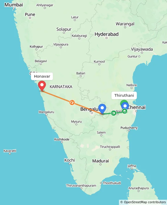 Route map showing distance and travel time from Thiruthani, India to Honavar, India