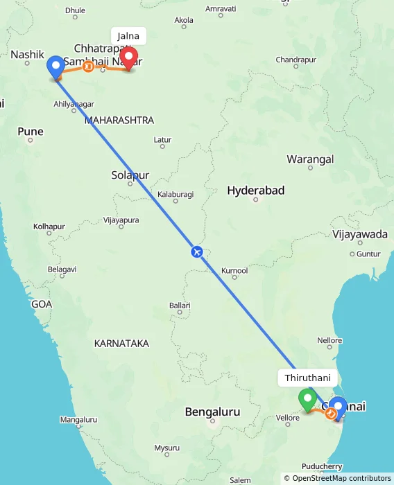Route map showing distance and travel time from Thiruthani, India to Jalna, India