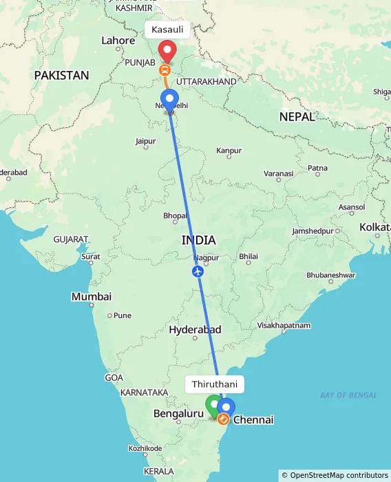 Route map showing distance and travel time from Thiruthani, India to Kasauli, India