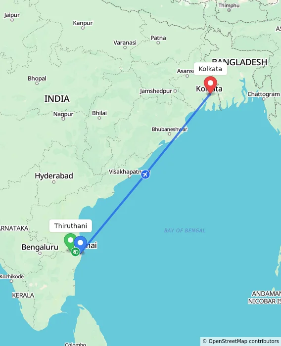 Route map showing distance and travel time from Thiruthani, India to Kolkata, India