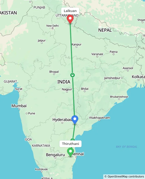 Route map showing distance and travel time from Thiruthani, India to Lalkuan, India